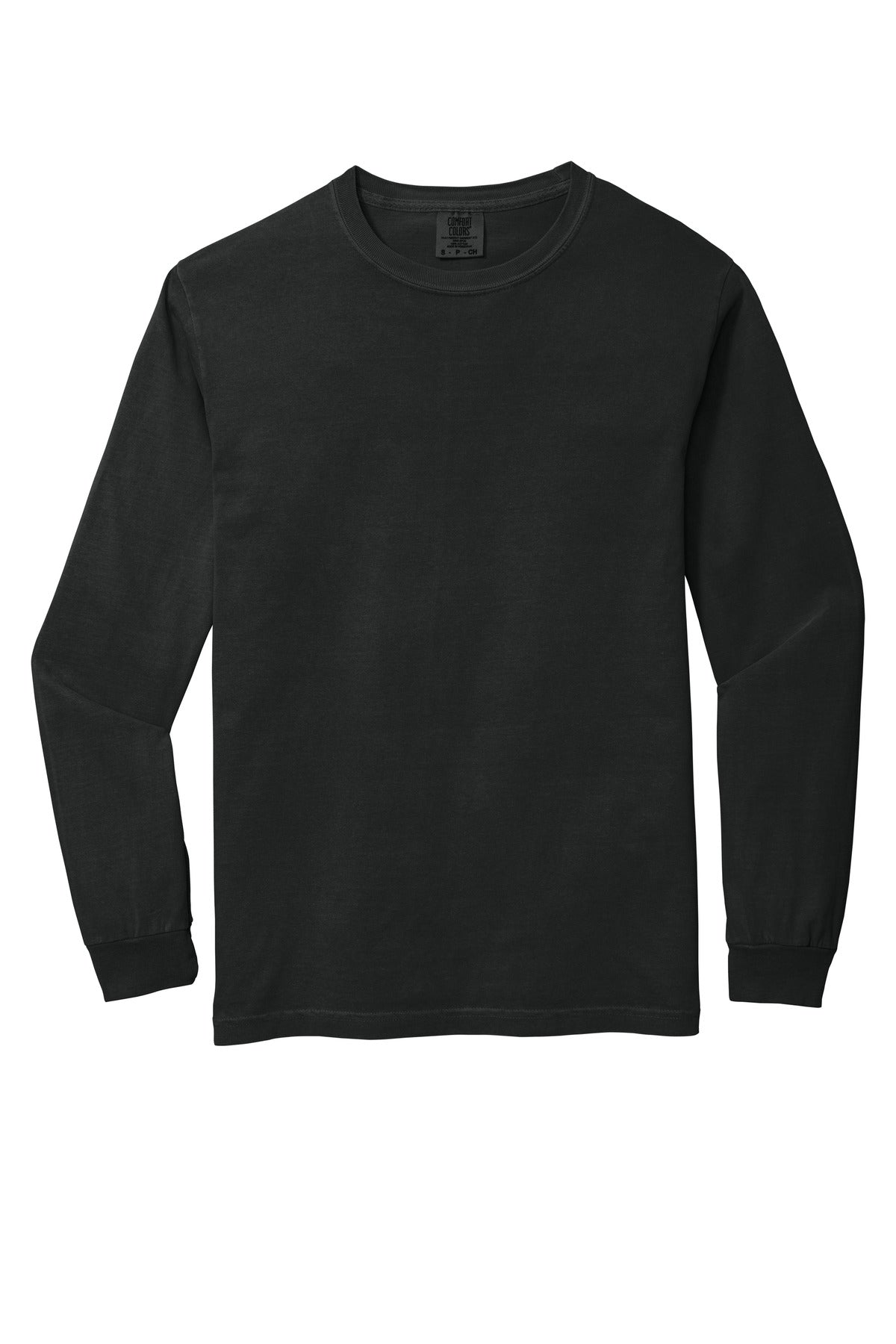 Comfort Colors 100% Cotton Long Sleeve T-Shirt - Embroidered — 6014 — Black flat front