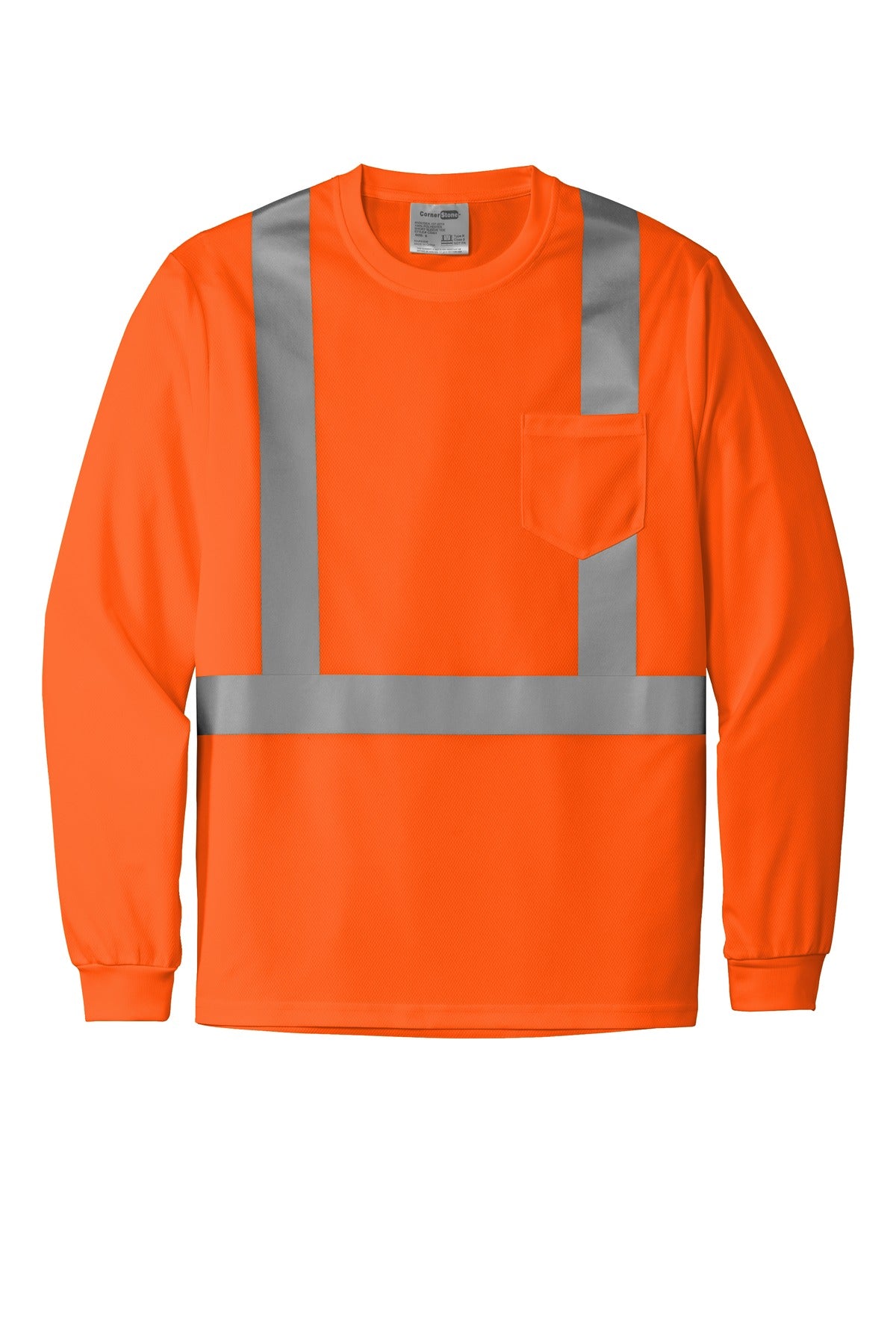 CornerStone Class 2 Mesh Long Sleeve Safety Pocket T-shirt — CS201 — Safety Orange flat front