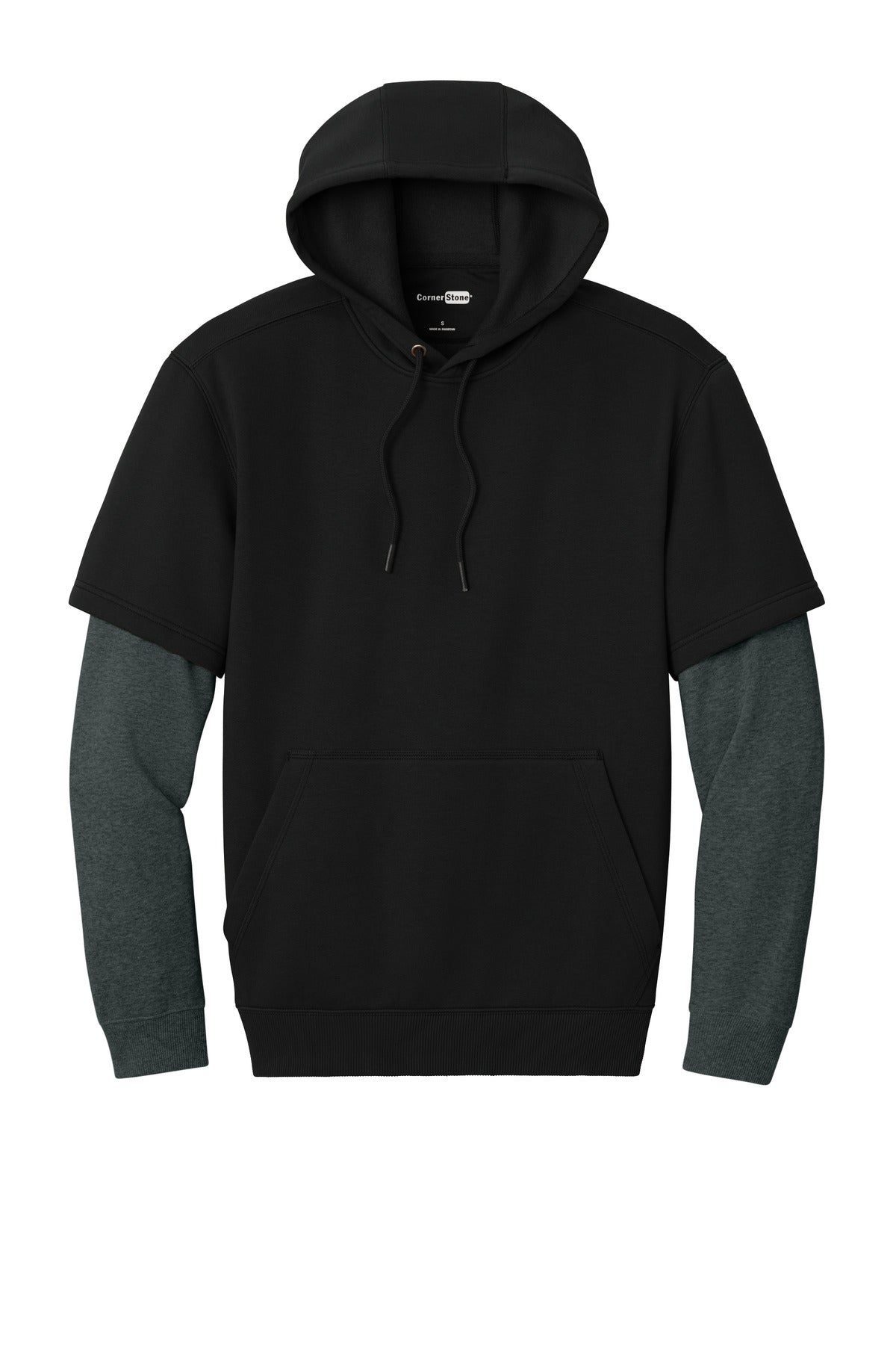 CornerStone Tough Fleece Layered Pullover Hoodie — CSF632 — Black/ Charcoal Heather flat front