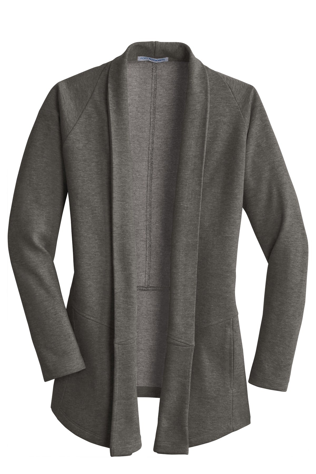 Port Authority Women's Premium Interlock Cardigan — L807 — Charcoal Heather/ Medium Heather Grey flat front
