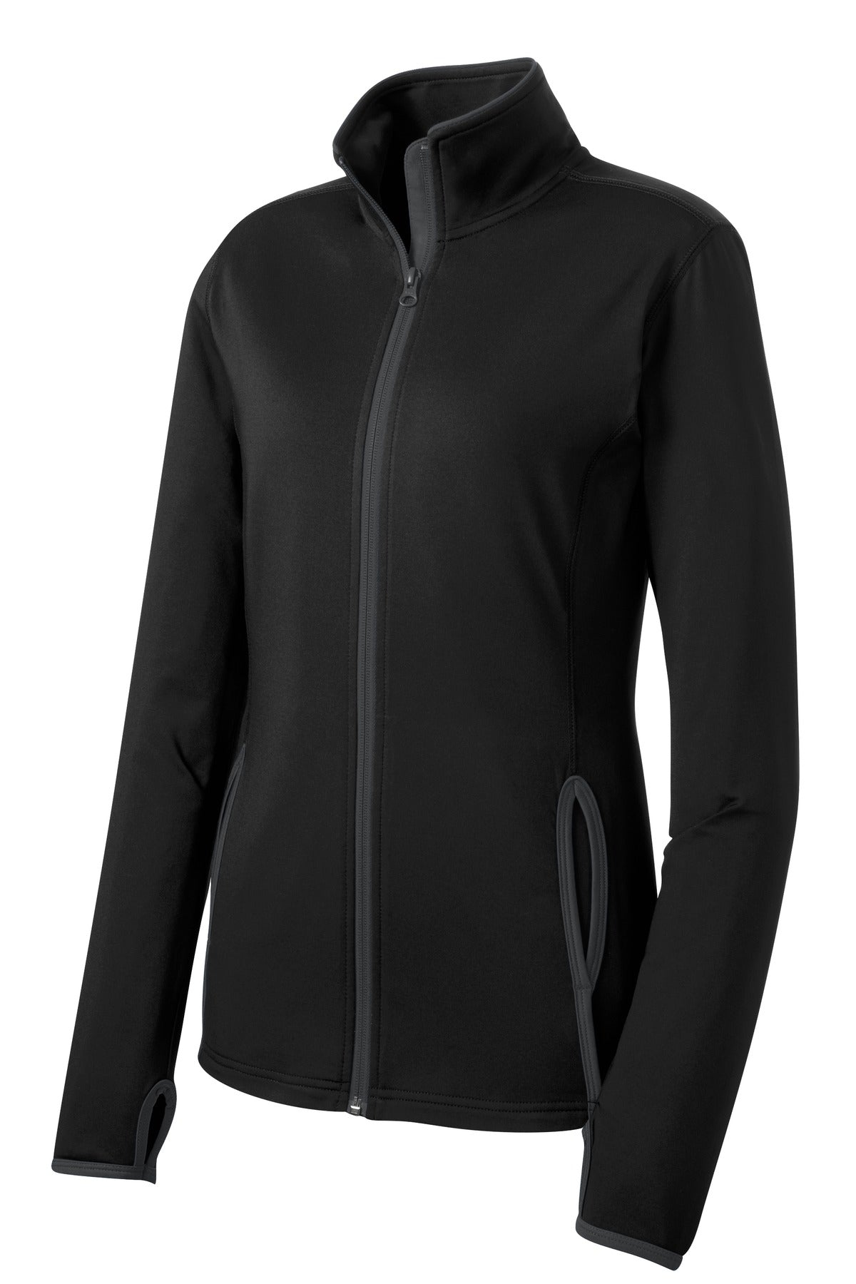 Sport-Tek Women's Sport-Wick Stretch Full Zip Jacket — LST853 — Black/ Charcoal Grey flat front