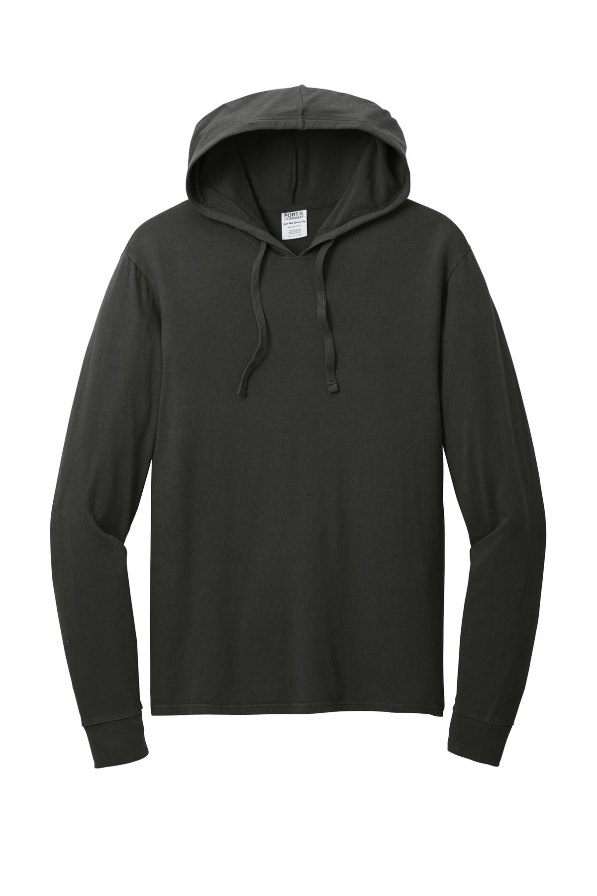 Port & Company Beach Wash Garment-Dyed Hooded Long Sleeve T-shirt — PC099H — Black flat front