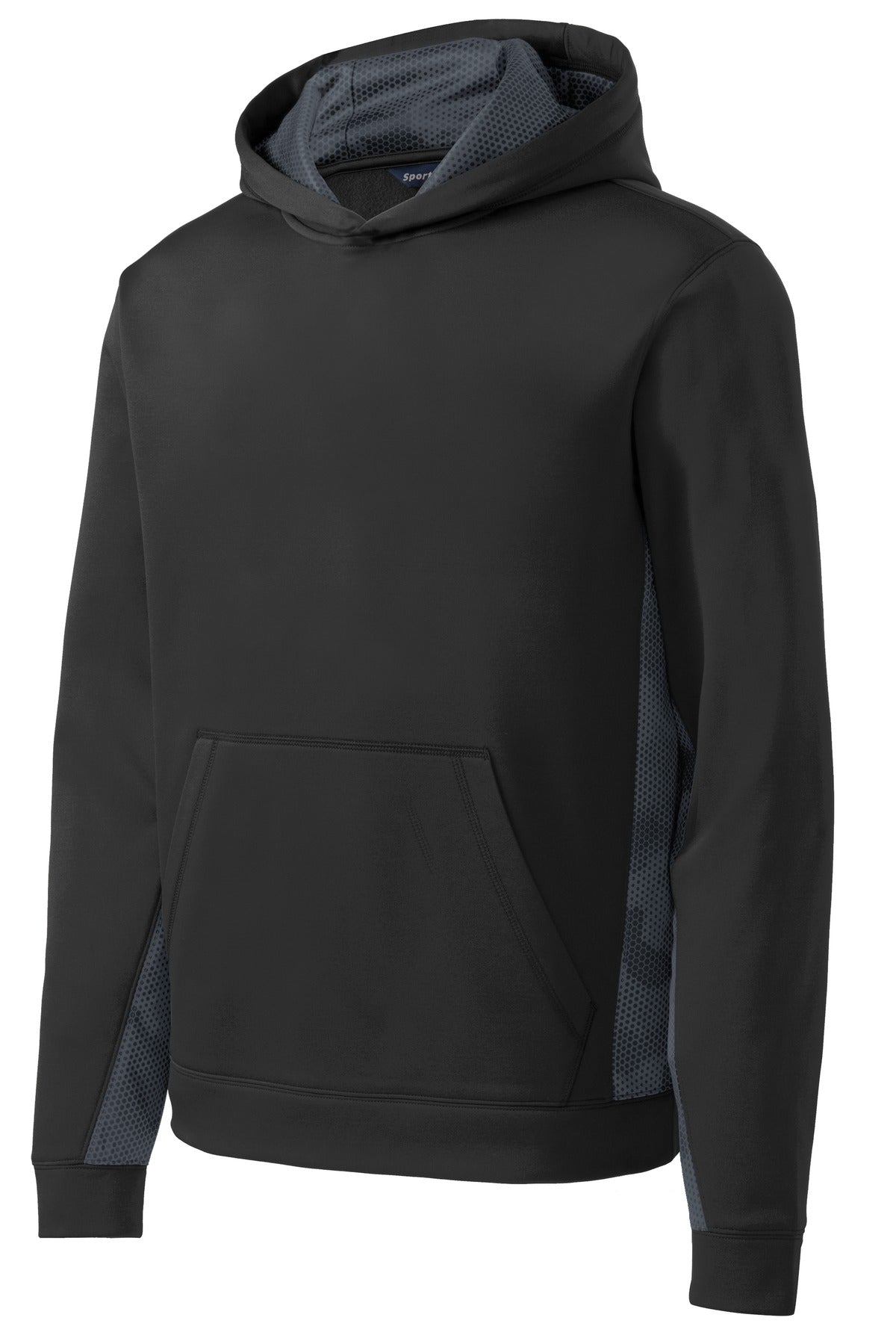 Sport-Tek CamoHex Colorblock Performance Pullover Hoodie — YST239 — Black/ Dark Smoke Grey flat front